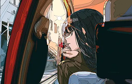 原创人物 黑眼睛 动漫 动漫女孩 汽车 日落 黑发 