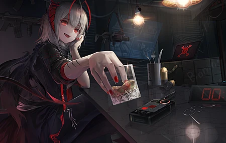 张嘴 红眼睛 动漫女孩 骑士 红指甲 银发 角 尾巴 