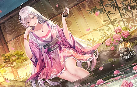 凯伦 长发  动漫 动漫女孩 银发 服装 温泉 