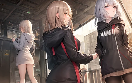  动漫女孩 灰色连帽衫 回头看 兜帽 脸红 低角度 