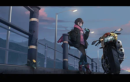 动漫 摩托车 围巾 夹克 靴子 路灯 云 栅栏 街头霸王 