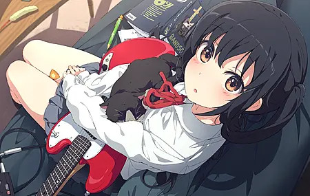  动漫女孩 校服 电吉他 乐器 猫 动物 吉他 中野阿祖萨