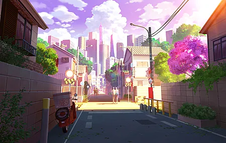 凯文·格努茨曼 绘画 城市景观 云 树 踏板车 街道 植物 建筑 五颜六色 