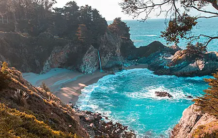 自然 水 海 岩石 树木 蓝色 风景 大苏尔 绿松石 朱莉娅·菲弗·伯恩斯 加利福尼亚州 