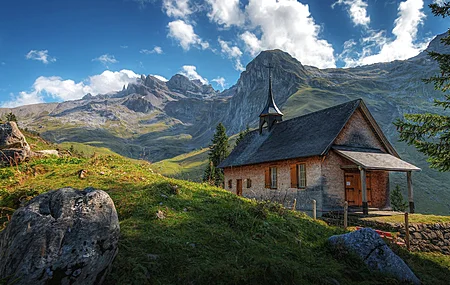 风景 自然 瑞士 山脉 天空 云 房屋 草地 阴影 