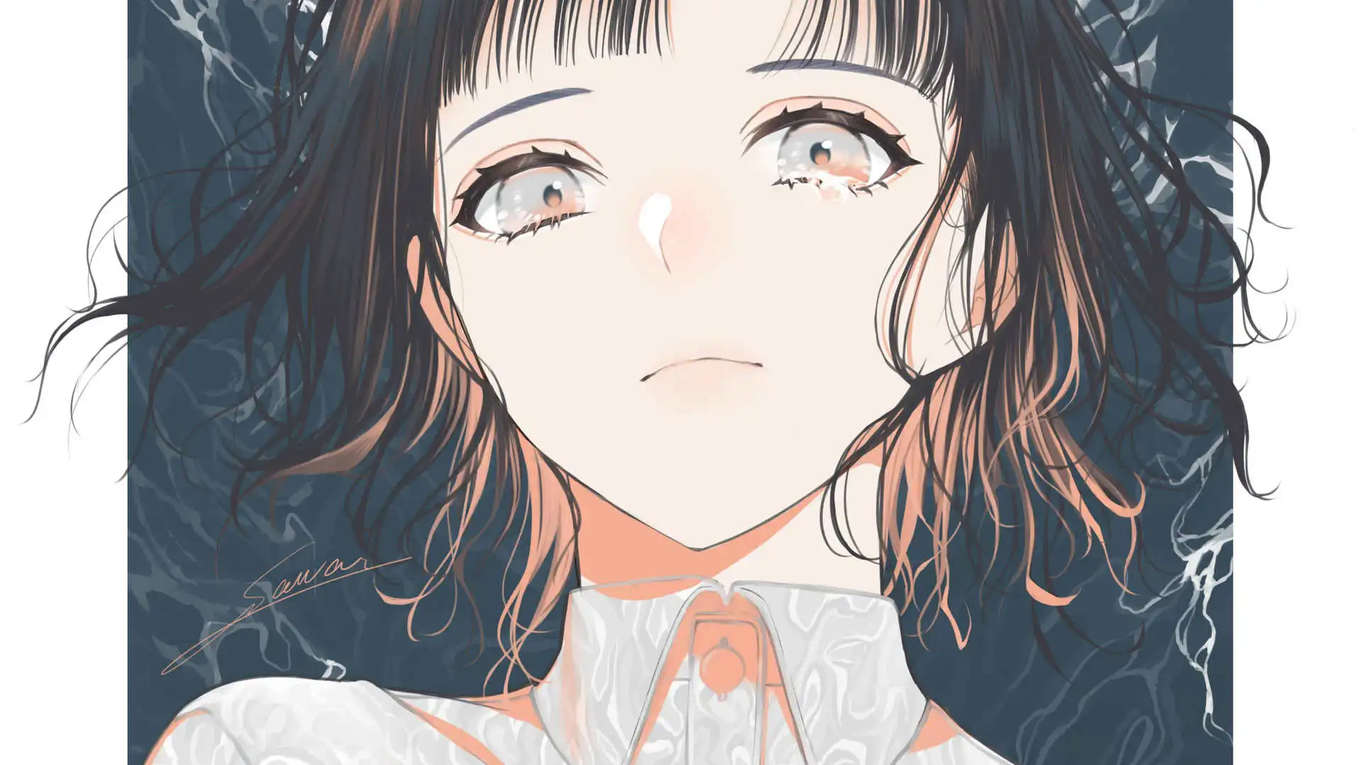 短发 多彩的眼睛 小川  皱眉 黑发 水 签名 衬衫 