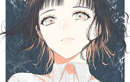 短发 多彩的眼睛 小川  皱眉 黑发 水 签名 衬衫 