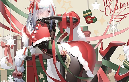 白发 辫子 神河 动漫女孩 圣诞服装 圣诞礼物 圣诞节 雪人 高跟鞋 