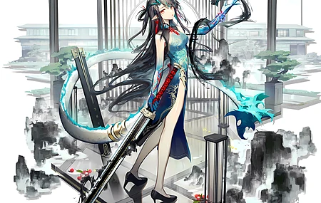 花娘黑图 武士 动漫游戏 动漫女孩 黄昏 武士 龙女 中国服饰 