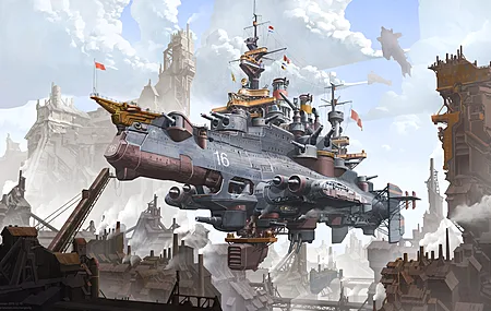 范文楠 插画 科幻 飞艇 蒸汽朋克 数码艺术 云 