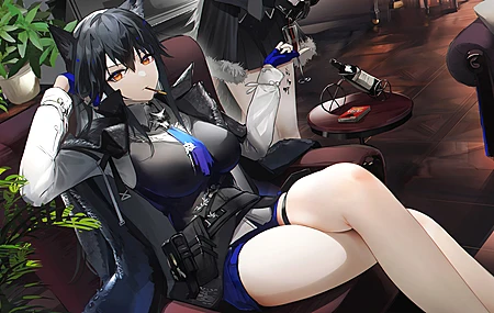  动漫 动漫女孩  茶 明日方舟 黑发 葡萄酒 植物 狼女 