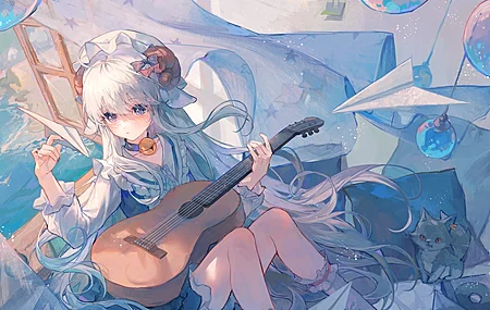 原创人物 抹茶 长发 动漫女孩 乐器 猫 银发 