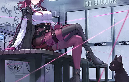  微笑 卡夫卡 动漫女孩 紫色眼睛 格子 猫 动物 