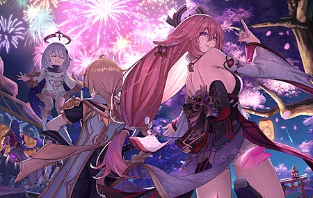  原神 游戏CG角色  动漫女孩 烟火 花瓣 