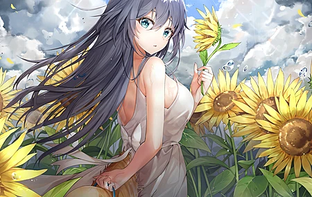 长发 蓝眼睛 福华 夏装 向日葵 白色连衣裙 黑发 太阳裙 动漫女孩 