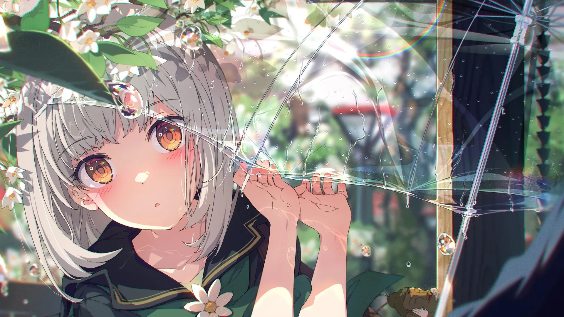 白发 动漫 动漫女孩 雨伞 黄眼睛 校服 