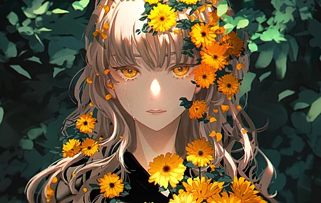  动漫 动漫女孩 植物 鲜花 向日葵 黄眼睛 哭泣 