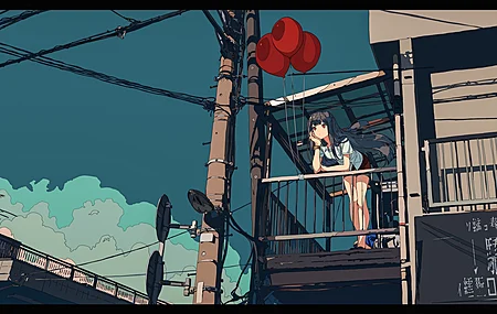 长头发 红眼睛 深色头发 动漫女孩 气球 