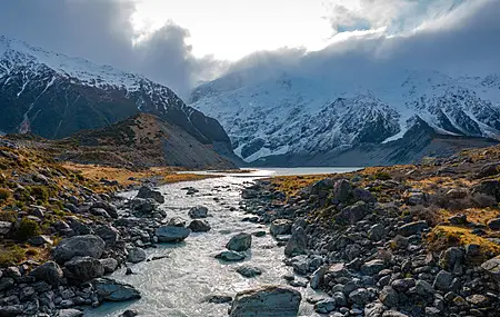 新西兰 河流 风景 雪 自然 岩石