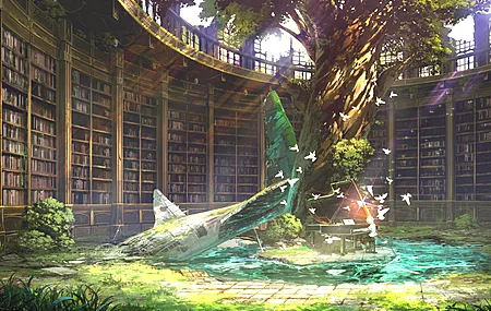 动漫 风景 图书馆 废墟 杂草丛生 水 草 镜头耀斑 阳光 