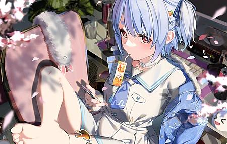 蓝头发 双脚 赤脚 坐着 动漫 动漫女孩 双尾 连衣裙 白色连衣裙 