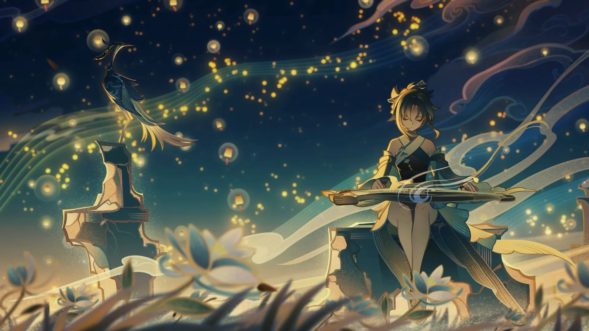  中国服装 灯笼 元宵节 天空 鹤 鸟 花 中国古筝 乐器 