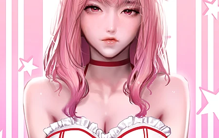 梦幻女孩 粉色头发 粉色眼睛 长发 绘画 AI艺术 