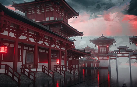 西摩  红色建筑 灯笼  烟雾弥漫