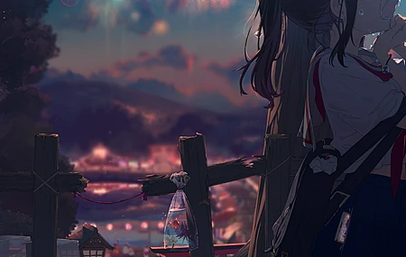  动漫 动漫女孩 AI艺术 哭泣 夜晚 烟花 校服 