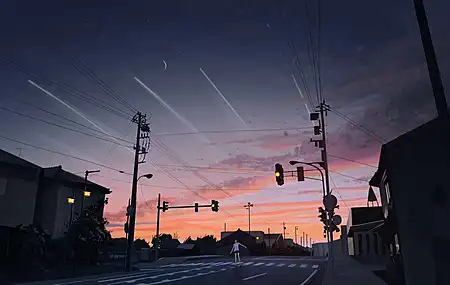 街道 房屋 红绿灯 日落 夕阳辉光 城市 人行天桥 轨道 