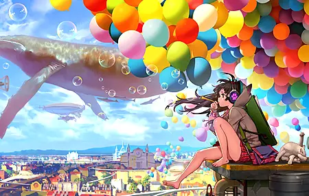  气球 泡泡  热气球 头发在风中飘动 