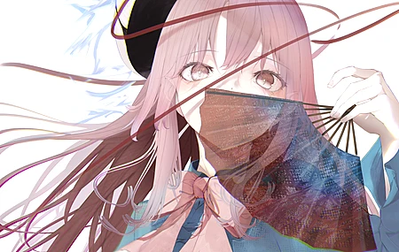 粉色头发 长发 粉色眼睛 动漫 动漫女孩 手扇 面具 丝带 白色背景 