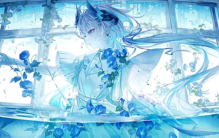  动漫女孩 发带 白色连衣裙 连衣裙 双色调头发 站在水中