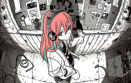 红头发 红眼睛 动漫 动漫女孩 耳机 