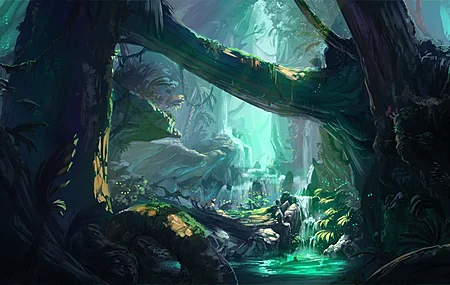 古代 奇幻艺术 树木 瀑布 河流  电脑壁纸 4K壁纸