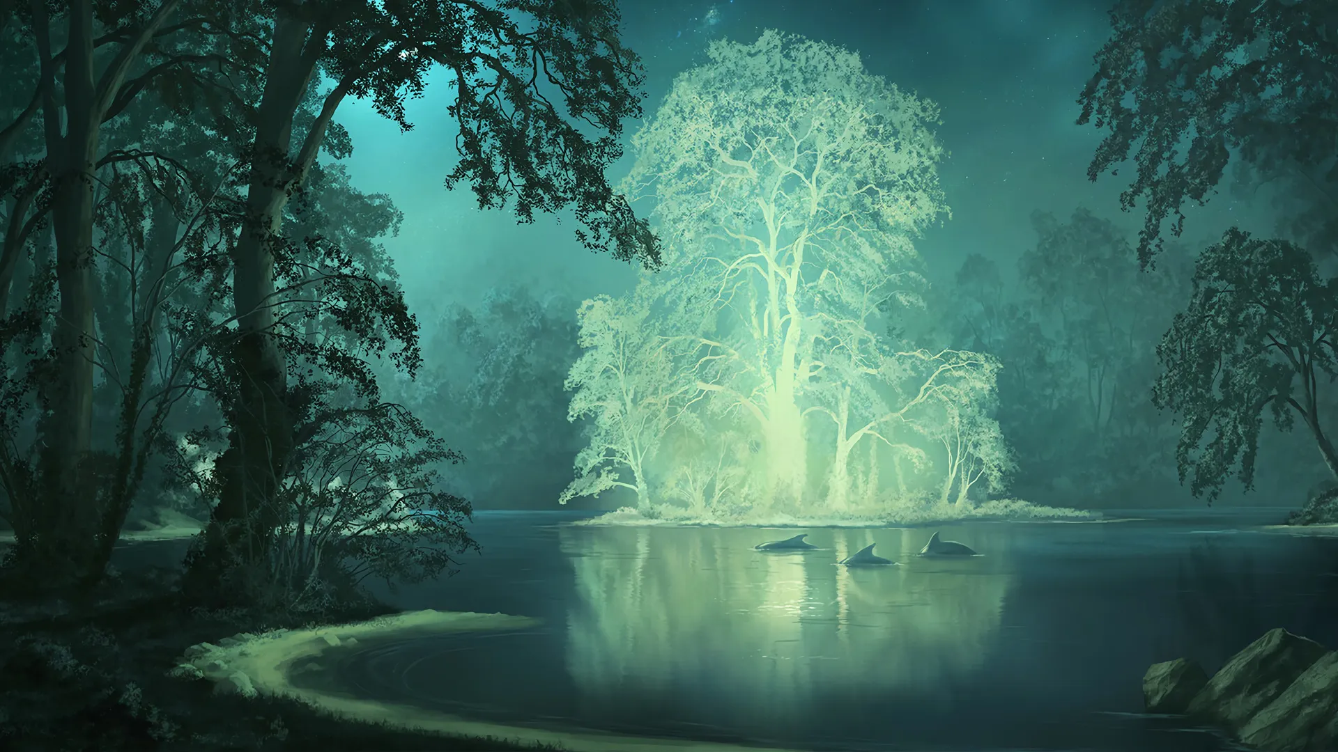 AI艺术 幻想艺术 树木 海豚 星夜 森林  电脑壁纸 4K壁纸
