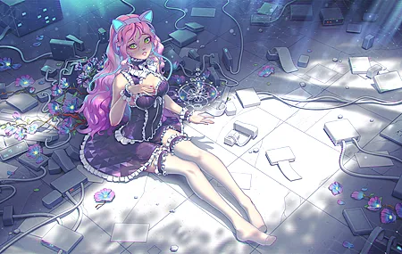 猫女孩 网络女孩 动漫 鲜花 网络 赛博朋克  电脑壁纸 4K壁纸