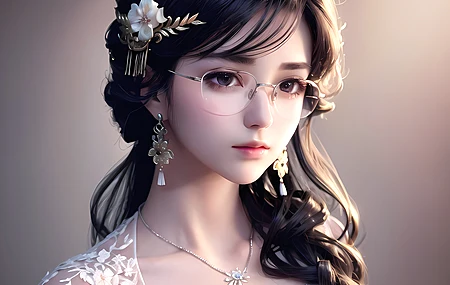 艾冬冬 亚洲 女人 长发 眼镜 耳环 项链 珠宝 简单背景   电脑壁纸 4K壁纸