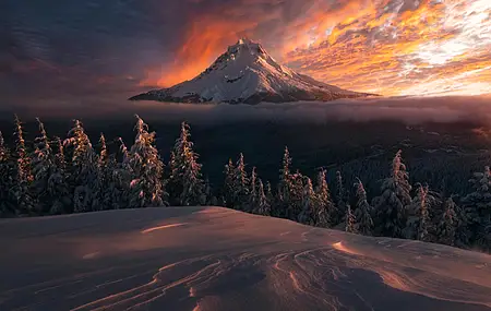 云 自然 风景 日落 俄勒冈州 冬天 雪 山脉 夕阳辉光  电脑壁纸 4K壁纸