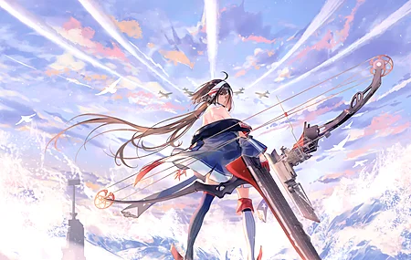 天空 云 动漫女孩 回头看 水 武器 鸟 飞机  电脑壁纸 4K壁纸