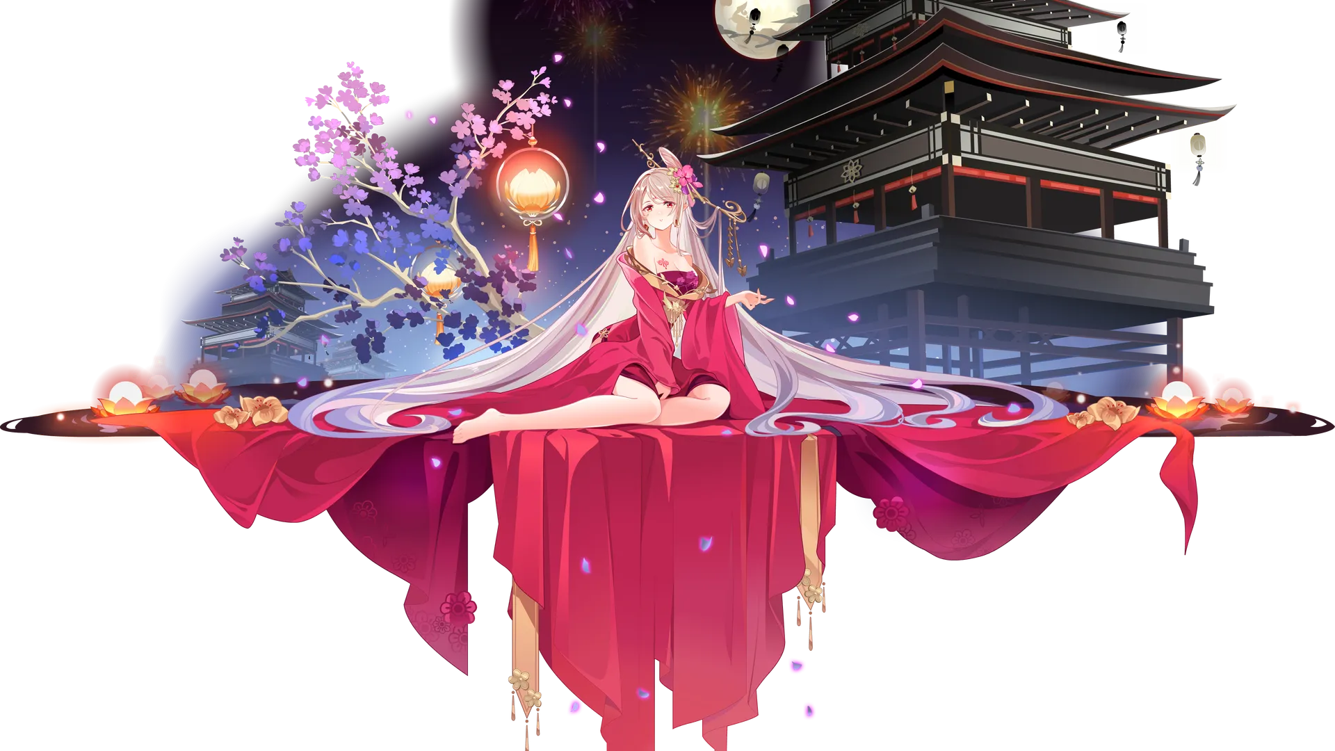 红眼睛 长发 中国服装 中国服装 动漫女孩 月亮 光环明星  电脑壁纸 4K壁纸