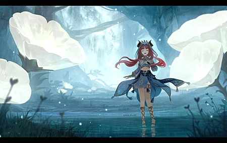 动漫 动漫女孩 头饰 角 白色连衣裙 花 水  电脑壁纸 4K壁纸