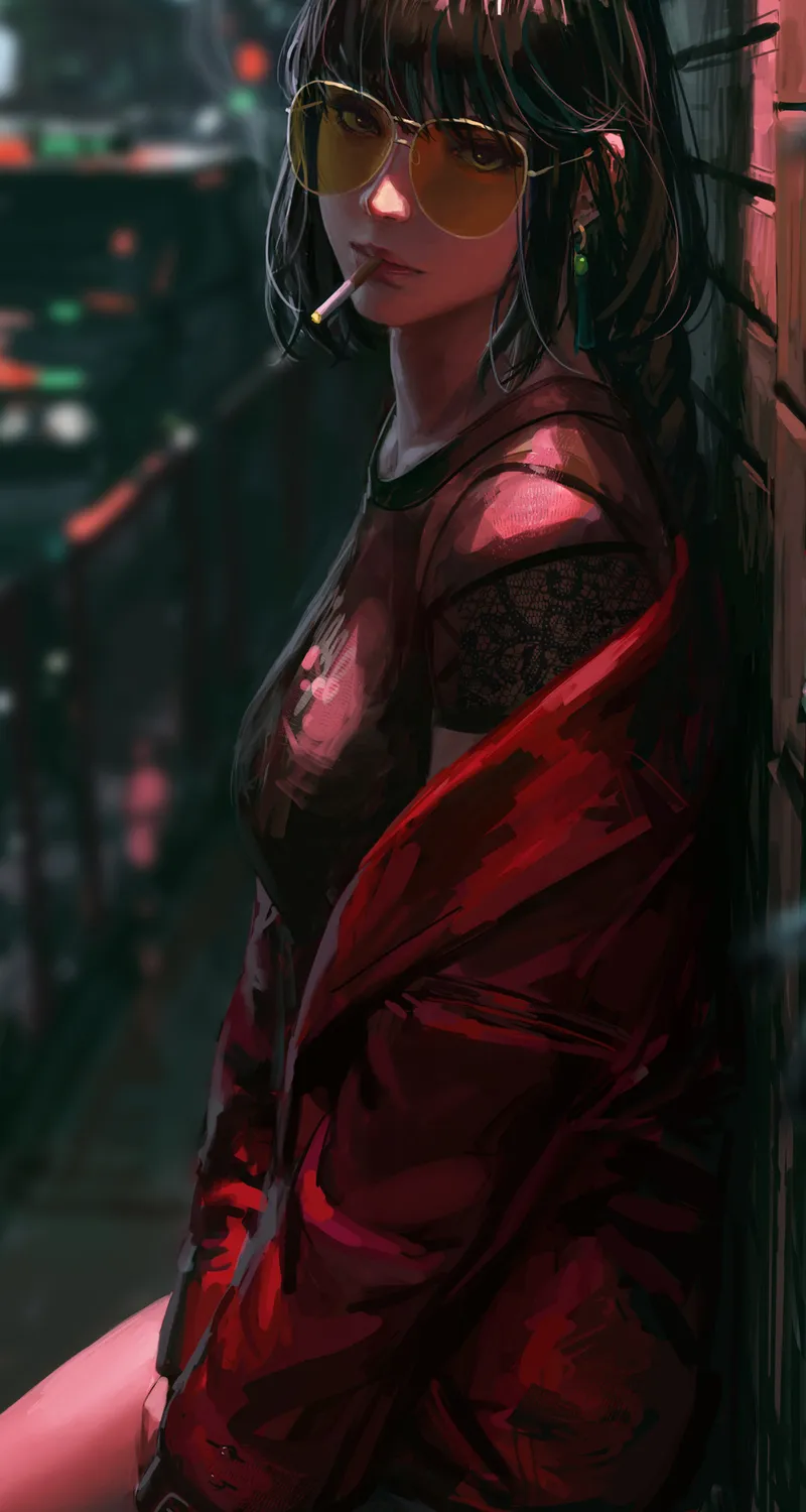 女人 原创人物 古维兹 街道 夜晚 绘画 眼镜  手机壁纸 4K壁纸