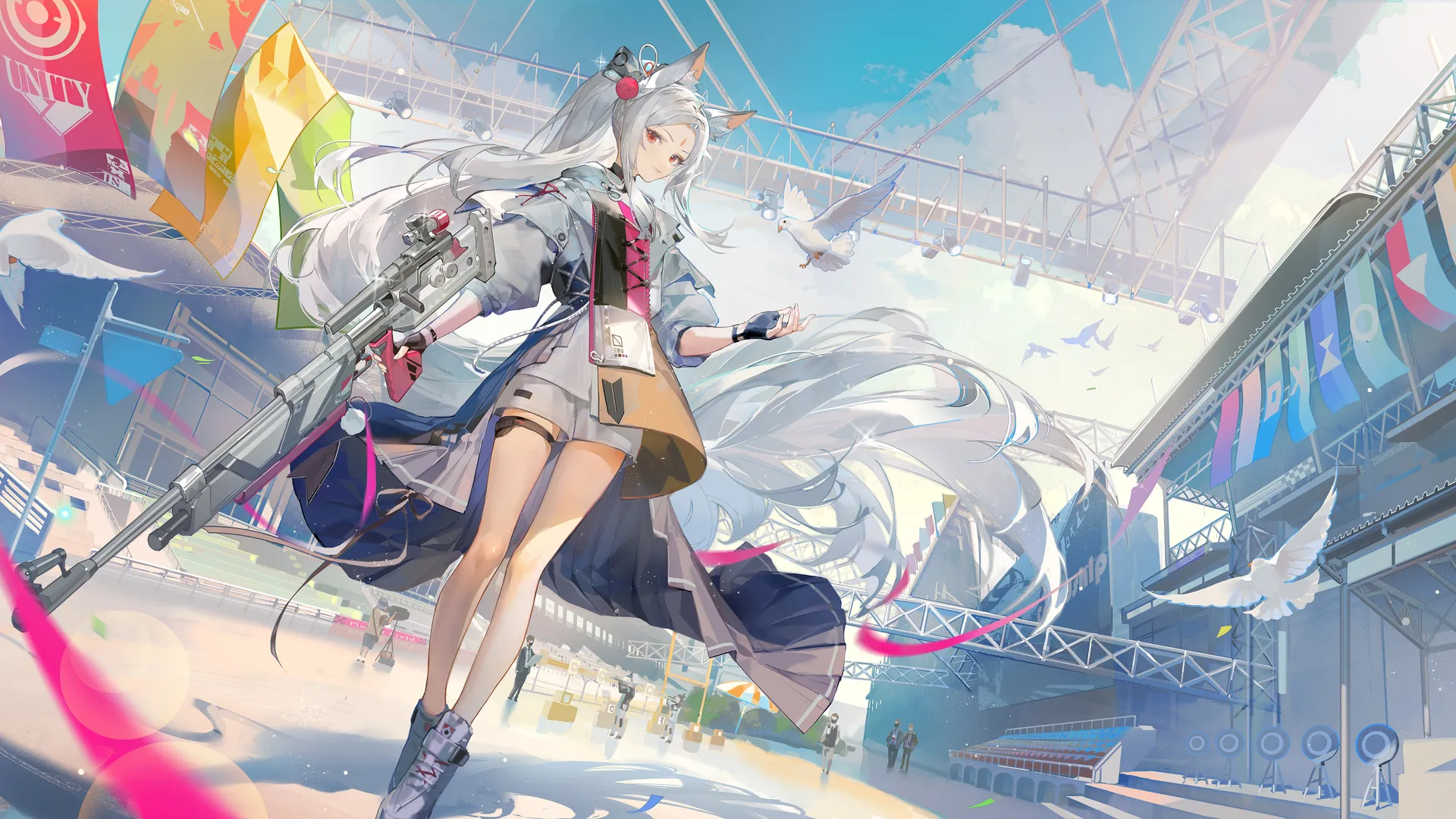 白发 持枪女孩 红色眼睛 狐狸耳朵 狐耳 若甘珠 动漫 动漫女孩 电脑壁纸 4K壁纸