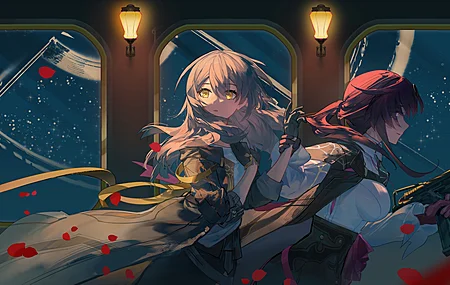 持枪女孩 长发  动漫 动漫女孩 武器 灯 白发 花瓣 枪 跑步 手套  电脑壁纸 4K壁纸