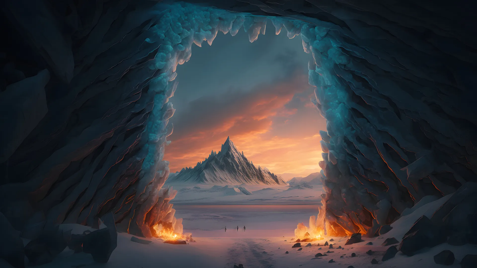 艺术 原图 插图 AI艺术 冰 山 雪 风景 日落 云 夕阳辉光  电脑壁纸 4K壁纸