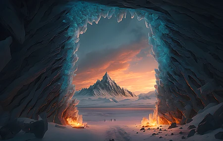 艺术 原图 插图 AI艺术 冰 山 雪 风景 日落 云 夕阳辉光  电脑壁纸 4K壁纸