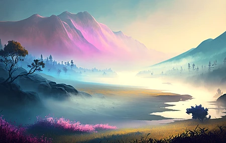 艺术 插图 山 风景 绘画 薄雾 自然 水  电脑壁纸 4K壁纸