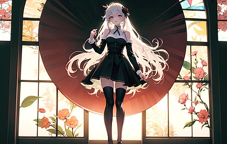 长发 连衣裙 艺术 动漫女孩 花 叶子 花在头发 丝袜  电脑壁纸 4K壁纸