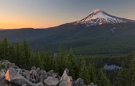 胡德山 日落 风景 湖 森林  俄勒冈州  电脑壁纸 4K壁纸